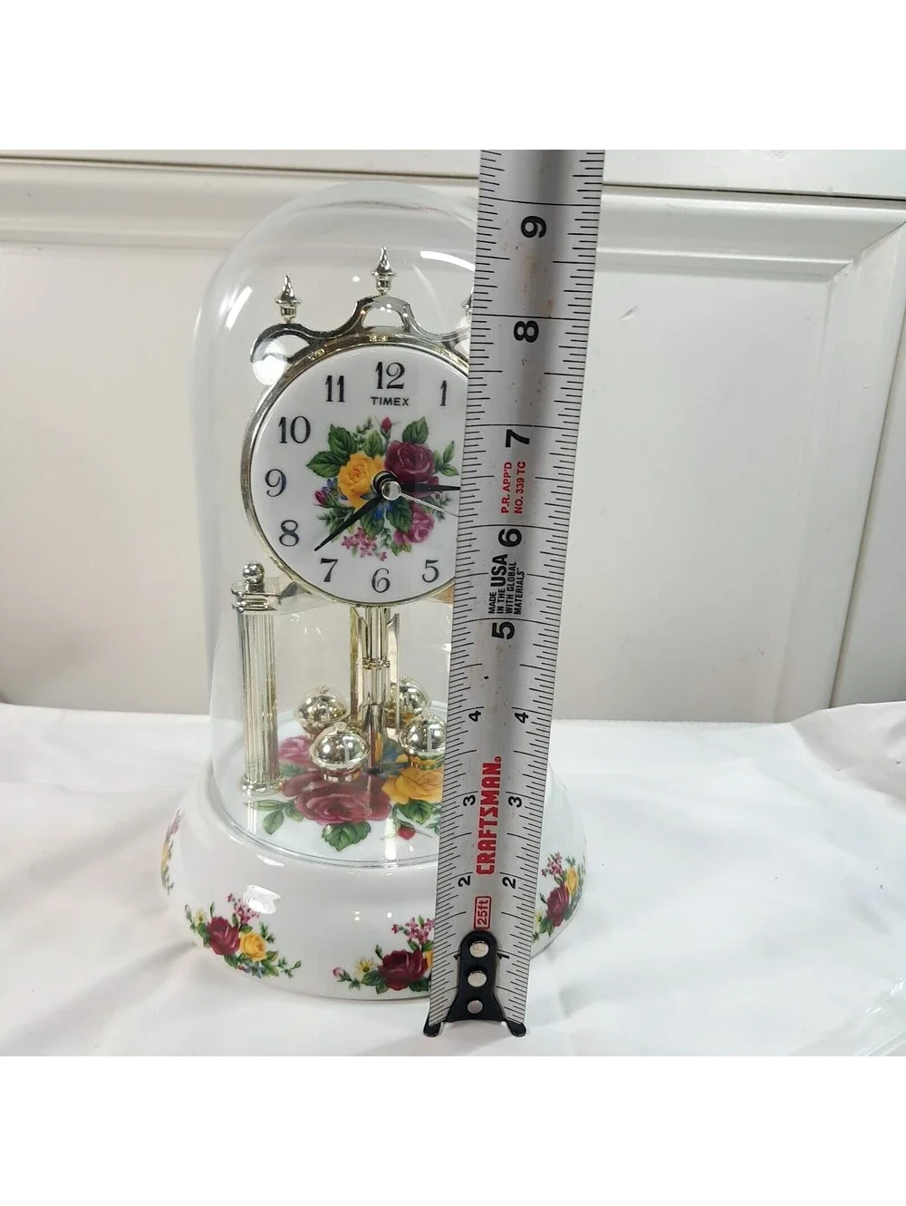 Timex Country Rose Anniversary Clock Glass Globe Mantle flowers floral READ